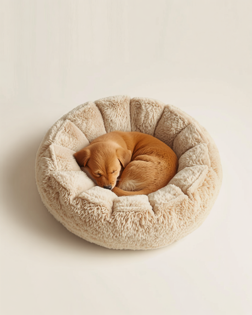 Calming Anxiety Relief Pet Bed with a dog curled up sleeping in it