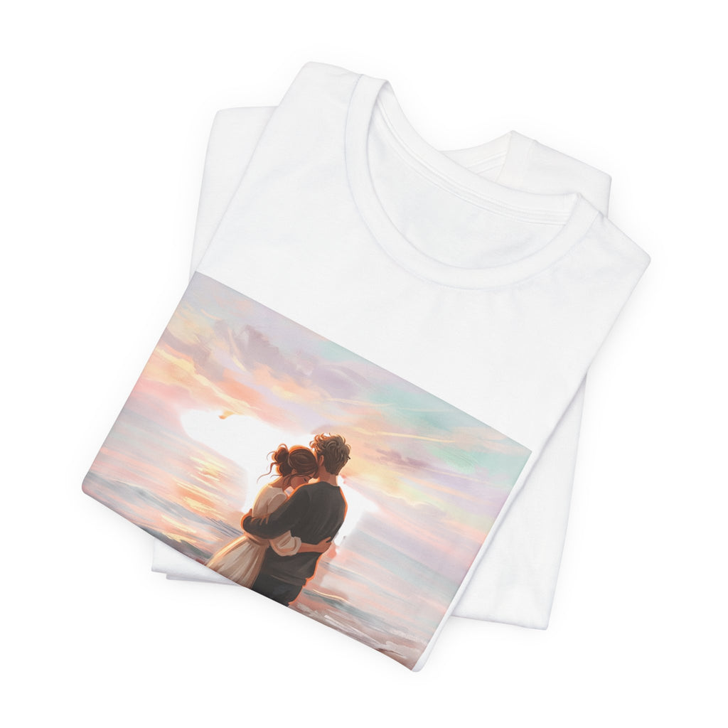 Romantic Sunset Beach Tee — Couple Embrace Graphic T-Shirt
