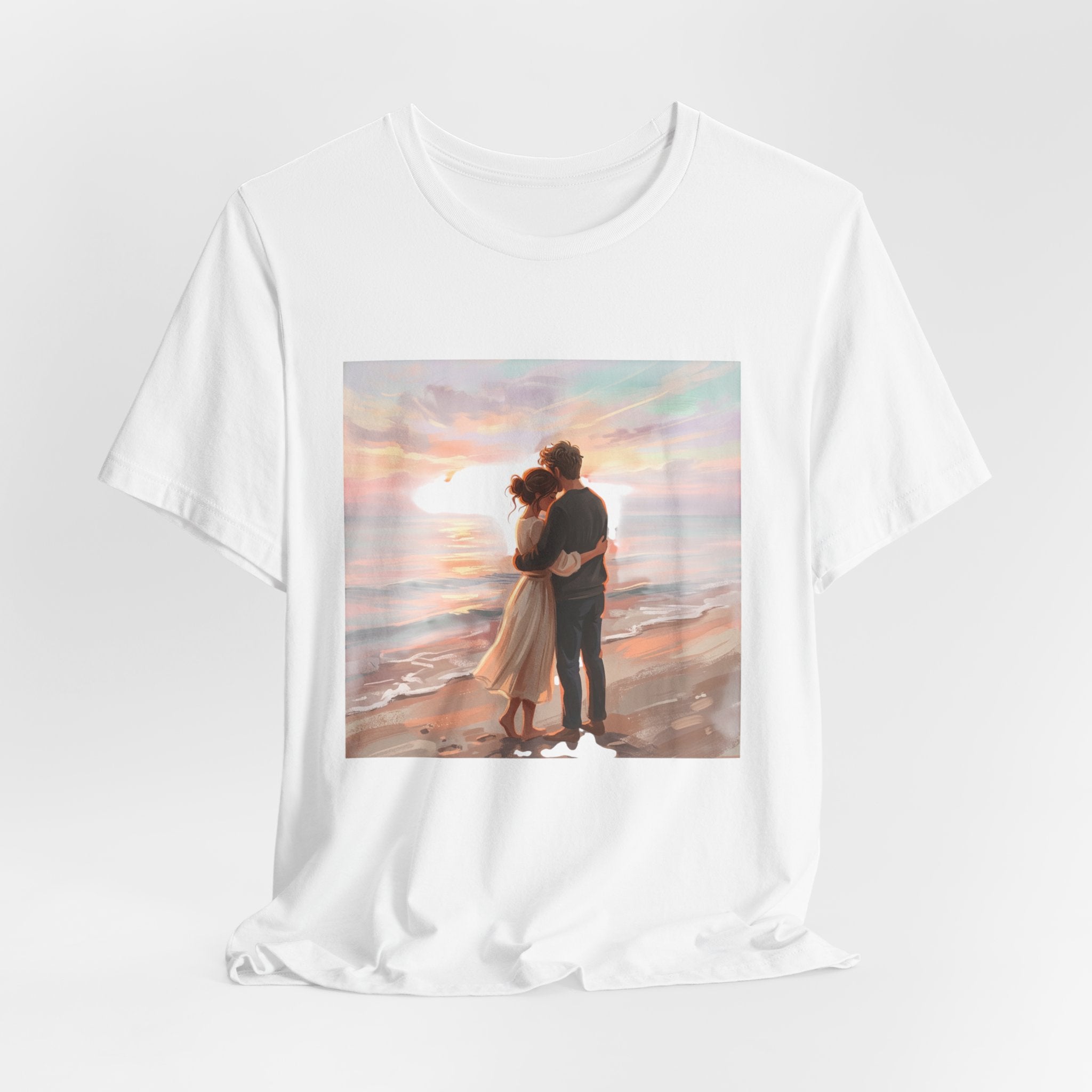 Romantic Sunset Beach Tee — Couple Embrace Graphic T-Shirt