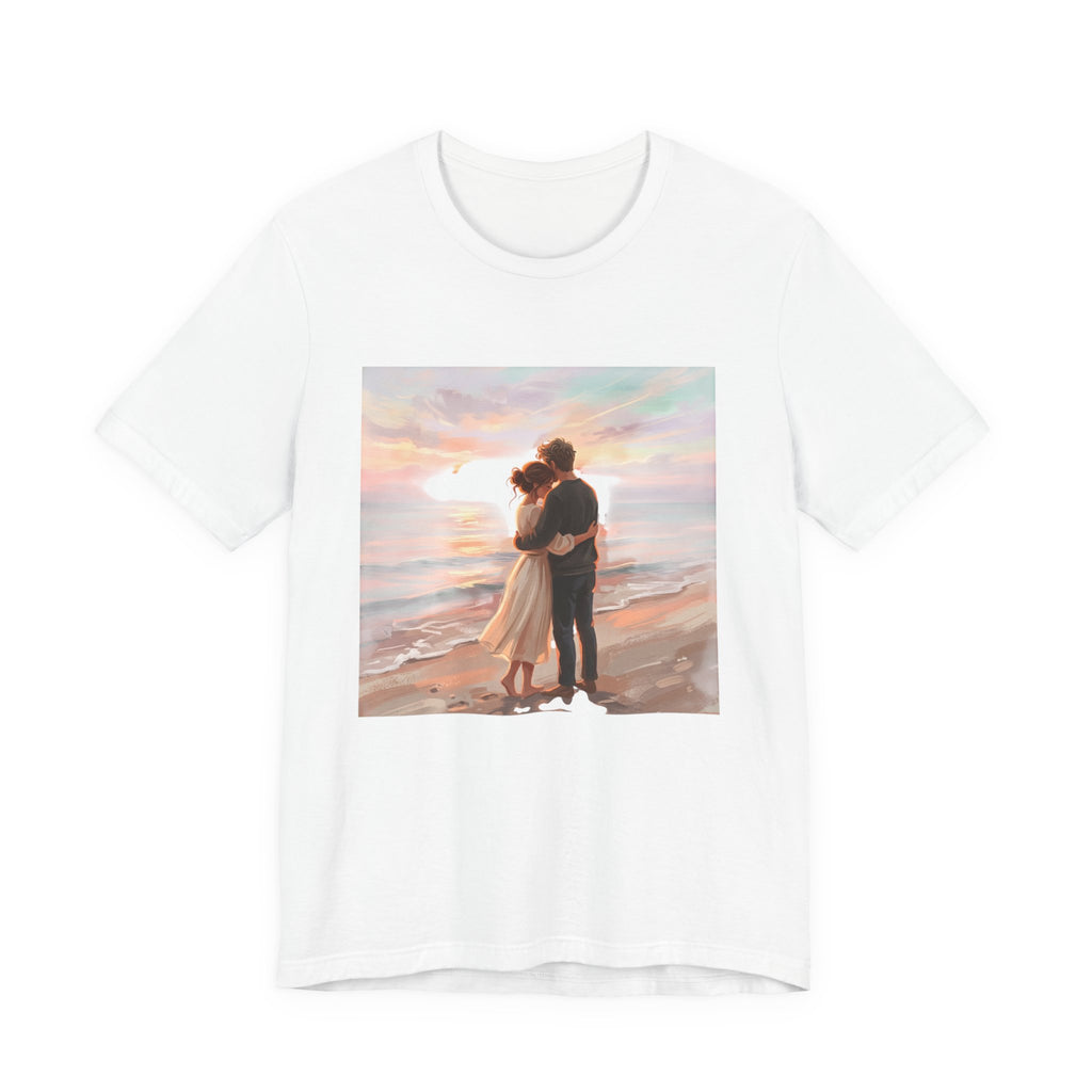 Romantic Sunset Beach Tee — Couple Embrace Graphic T-Shirt