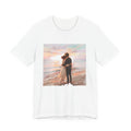 Romantic Sunset Beach Tee — Couple Embrace Graphic T-Shirt