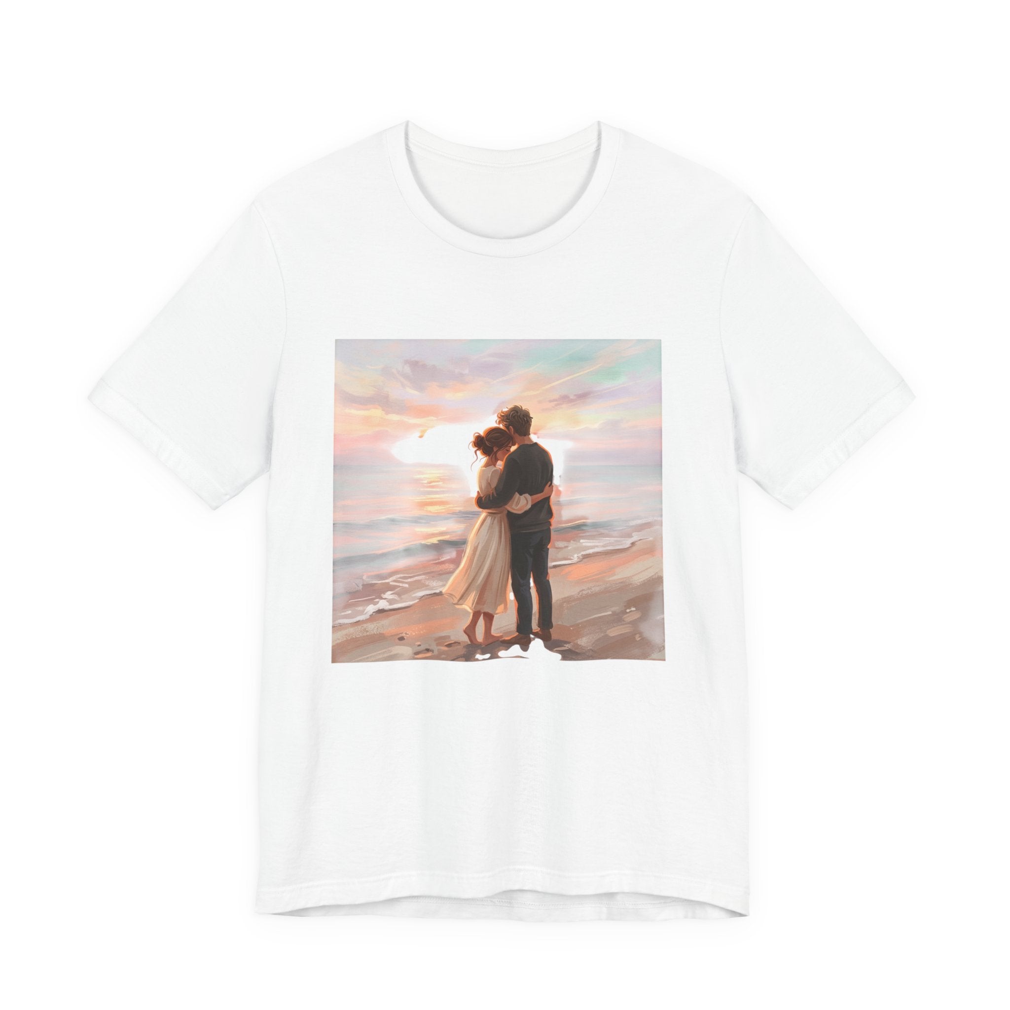 Romantic Sunset Beach Tee — Couple Embrace Graphic T-Shirt
