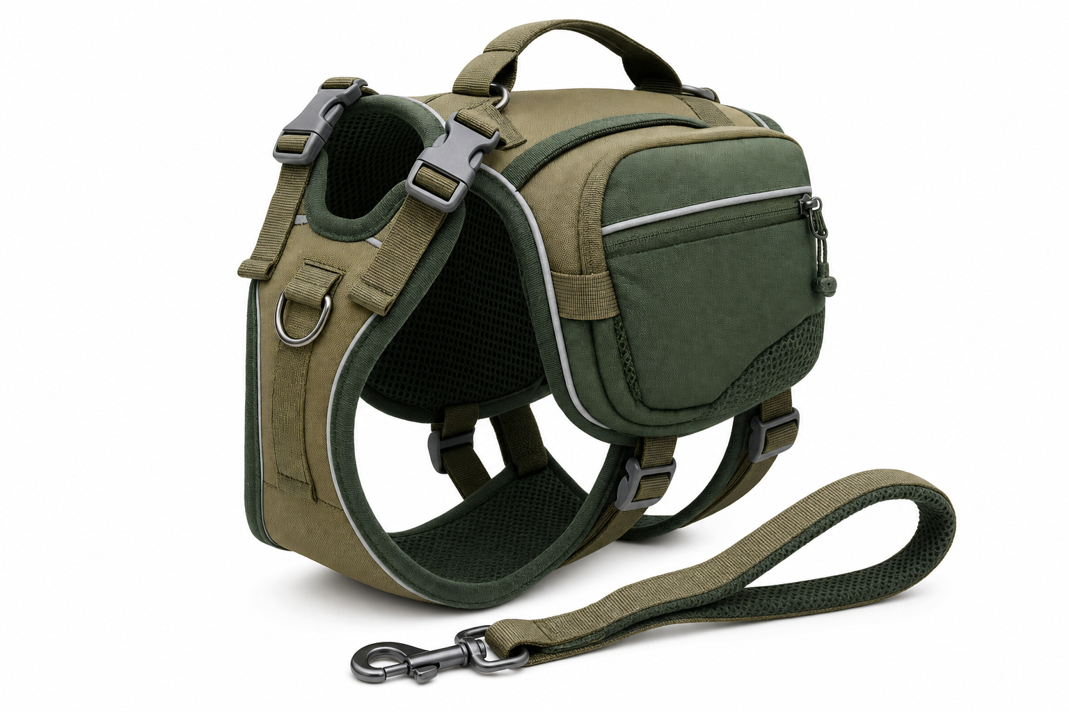 3-in-1 Adventure Backpack, Leash & Harness Set for dogs — olive green, converts between backpack, harness, and leash