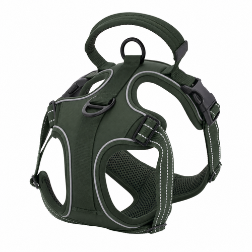 Adjustable No-Pull Dog Harness — forest green with reflective strips and breathable mesh padding