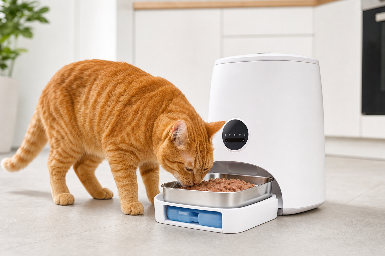 Automatic wet cat food feeder with cooling tray and timer