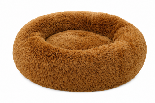 Calming Donut Bed for Dogs and Cats — round faux fur cuddler bed in caramel brown