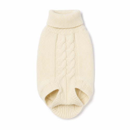 Cashmere-Blend Dog Sweater Signature Collection — ivory cream cable knit turtleneck for dogs