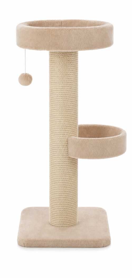Cat Scratching Post and Tower — natural sisal rope, beige, with two perch levels and hanging pom toy