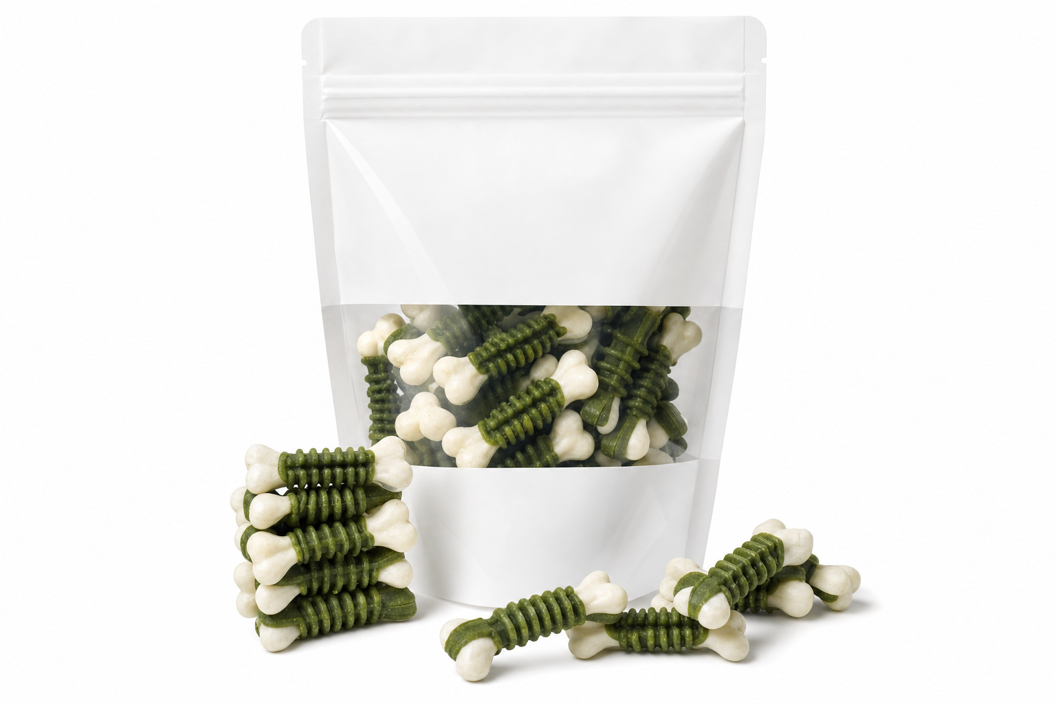 Dental Health Chews for Dogs and Cats — natural green and white twisted bone-shaped treats