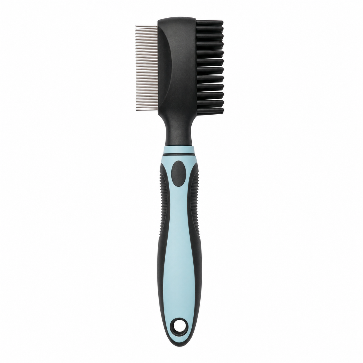 Dual-Sided Deshedding Comb — fine steel teeth on one side, rubber bristles on the other