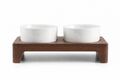 Elevated Ceramic Feeder with Walnut Stand — two white ceramic bowls on premium walnut wood raised stand