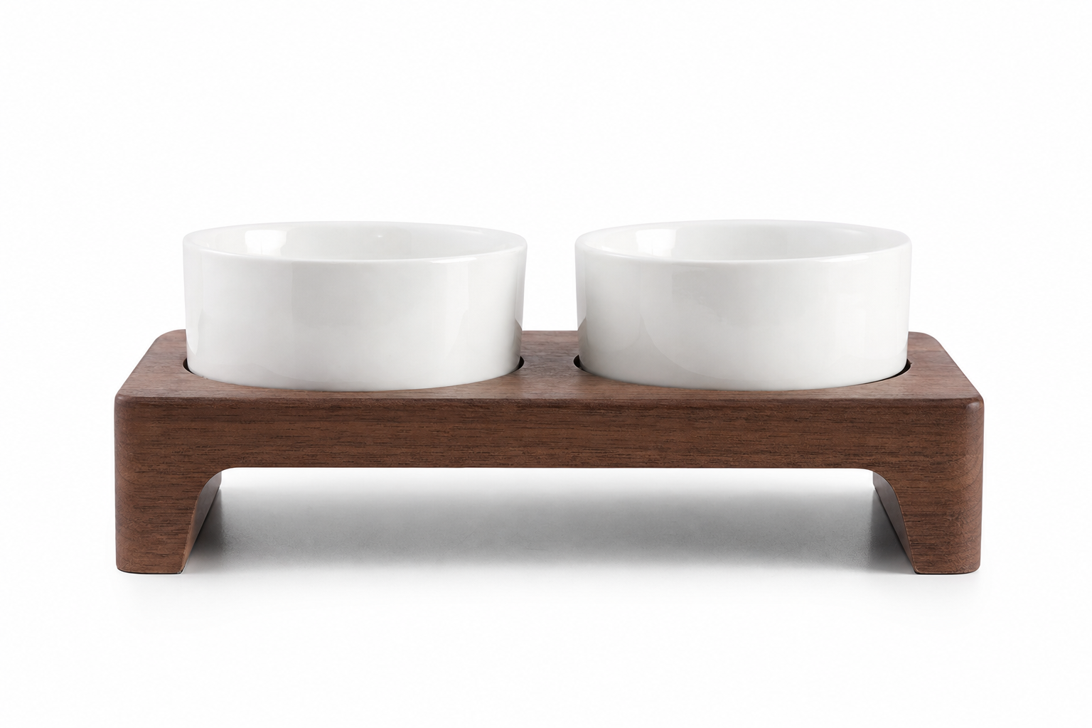 Elevated Ceramic Feeder with Walnut Stand — two white ceramic bowls on premium walnut wood raised stand