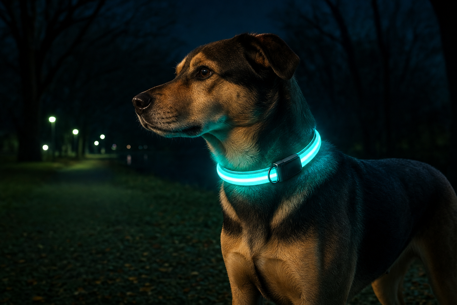 Rechargeable LED safety dog collar glowing at night