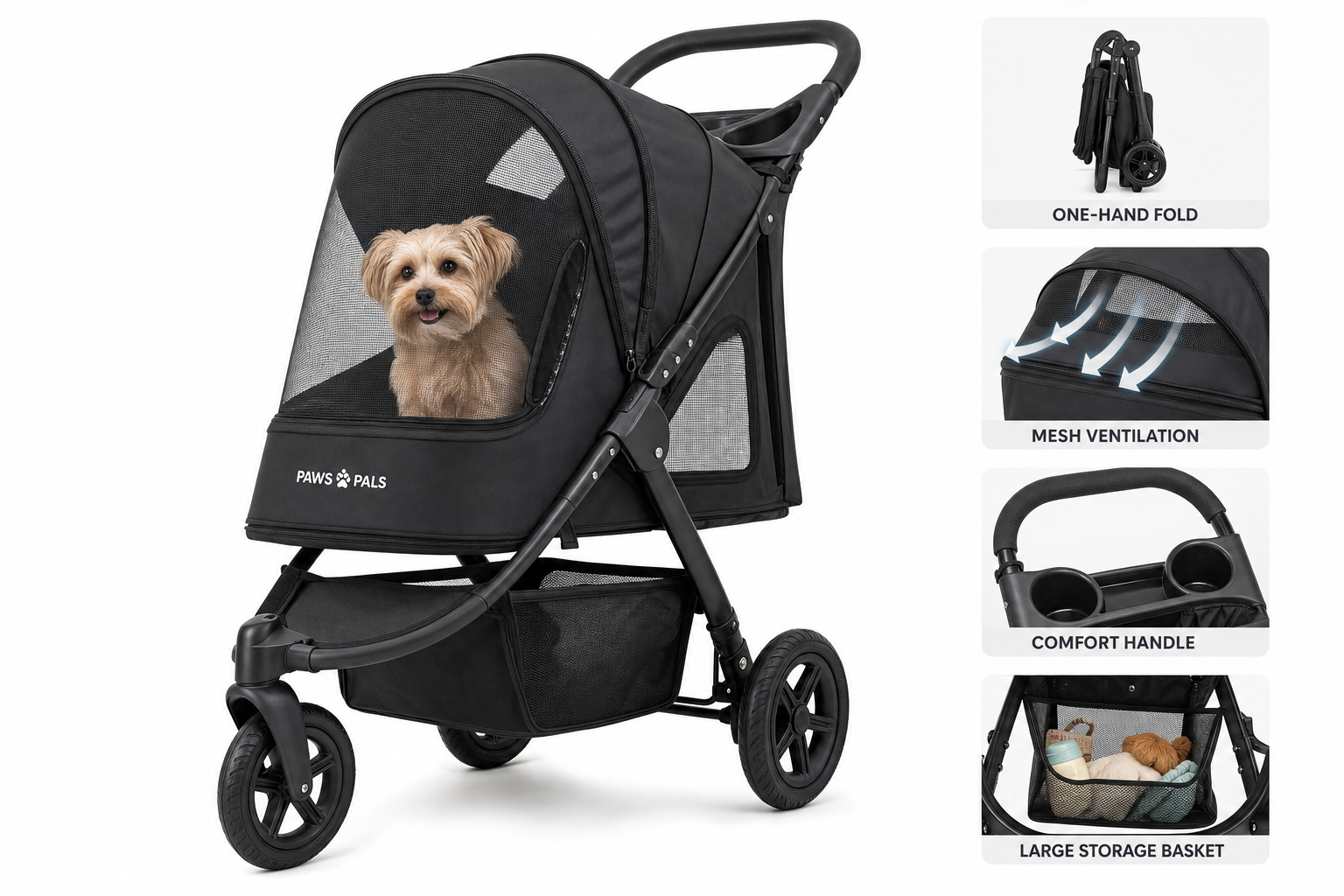 Foldable 3-wheel pet stroller for dogs and cats