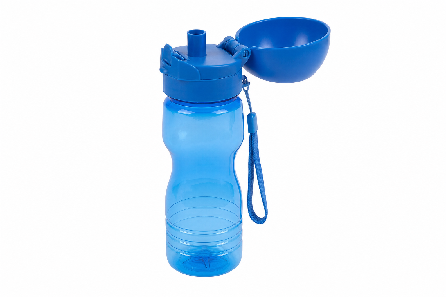 Portable Dog Water Bottle with Built-In Bowl — blue squeeze bottle with fold-out drinking bowl
