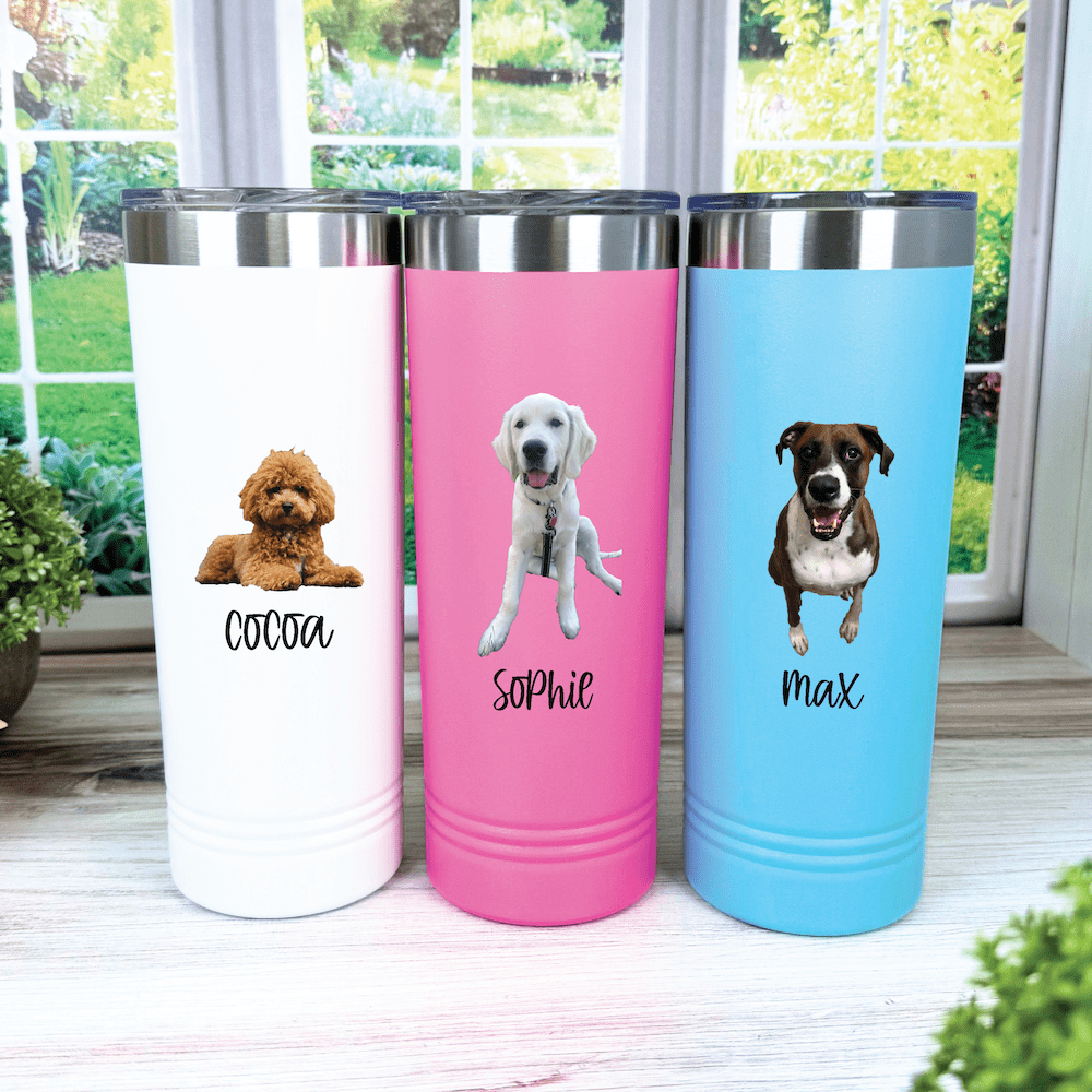 Custom pet photo skinny tumbler lifestyle shot